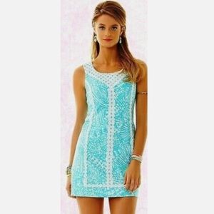 Lilly Pulitzer MacFarlane Shorely Blue Sea Cups Lace Detail Shift Dress
